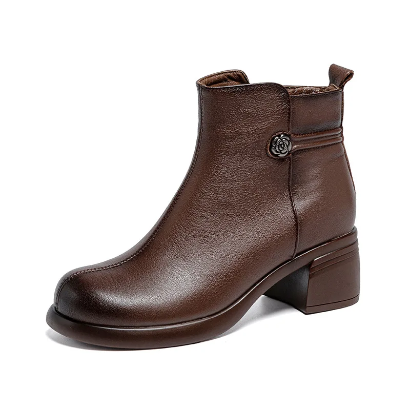 

Fashion Women Thick High Heel Short Boots Handmade Retro Style Side Zipper Genuine Leather Winter Plush Warm Ankle Boots
