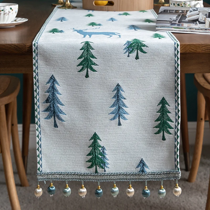 

Deer Trees Christmas Table Runner, Winter Xmas Holiday Kitchen Dining Table Decoration for Indoor Outdoor Home Party Decor