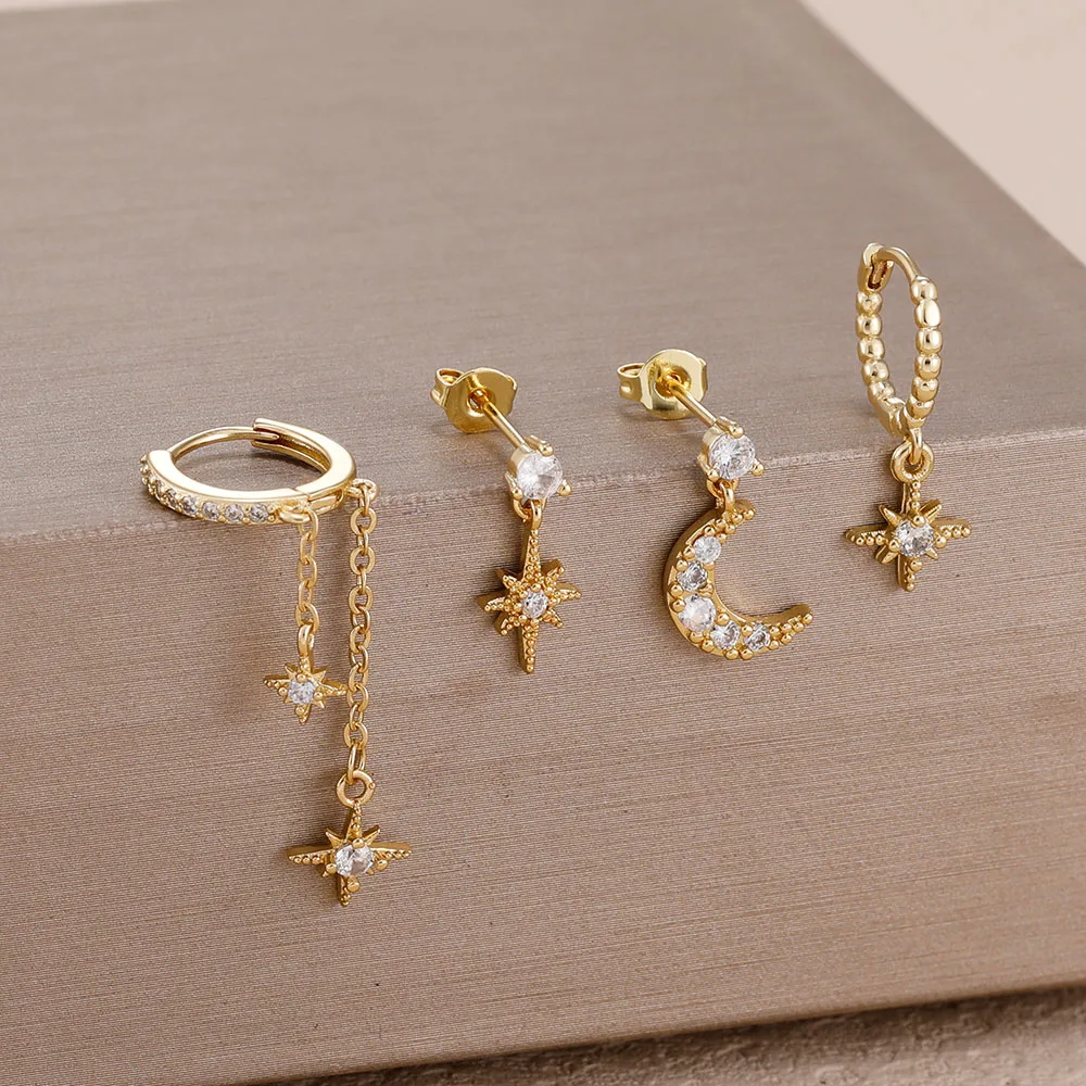 4PCS Elegante Stern Kette Ohr Stud Ohrringe Für Frauen Set 14K Gold Überzogene Quasten Anhänger Zirkon Ohrring Schmuck geschenk
