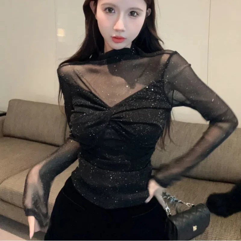 Sparkling Perspective Mesh Splicing Knot T-shirt for Women's New Style Sweet and Spicy Girl SlimLong Sleeve Top Trendy