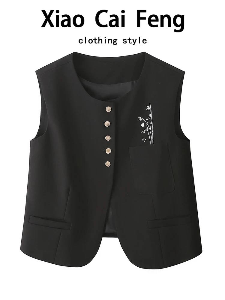 

New Chinese Sle Bamboo Embroidered Women's Vest Faionable Layering ort Sve round Ne Button up Top