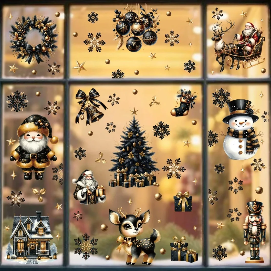 Abnehmbare schwarz-goldene Weihnachtsaufkleber, Fensteraufkleber, doppelseitig, ohne Kleber, Weihnachtsmann, Schneeflocke, Weihnachtsdekoration