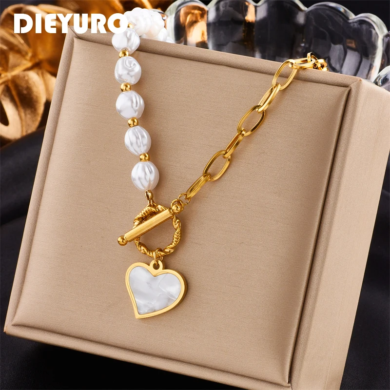 DIEYURO 316L Edelstahl Perle Herz Anhänger Halskette Für Frauen Mode Rostfrei T Schnalle Kette Mädchen Schmuck Hochzeit Geschenk