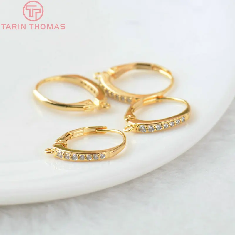 (2495)4PCS 15x17MM 24K Gold Color Brass with Zircon Round Earrings Hoop Earrin Clip High Quality DIY Jewelry Making Findings