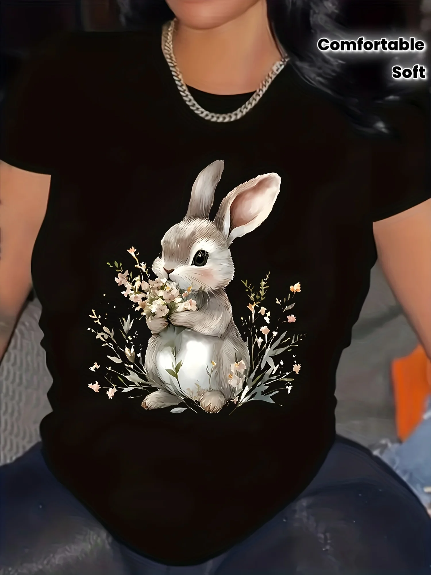 Cute Rabbit Print Plus-Size T-Shirt, 100% Cotton Regular Fit Short Sleeve Round Neck Casual Top for Adults