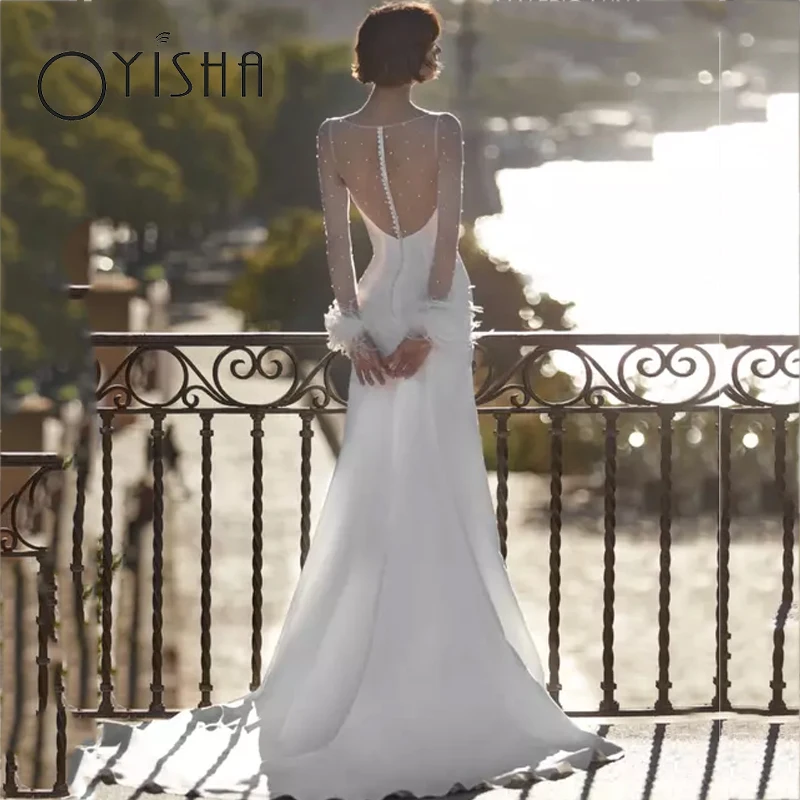 OYISHA-vestido De novia De satén plisado Simple, elegante vestido De novia con abertura alta, ilusión en la espalda, manga larga, cuello redondo, lentejuelas