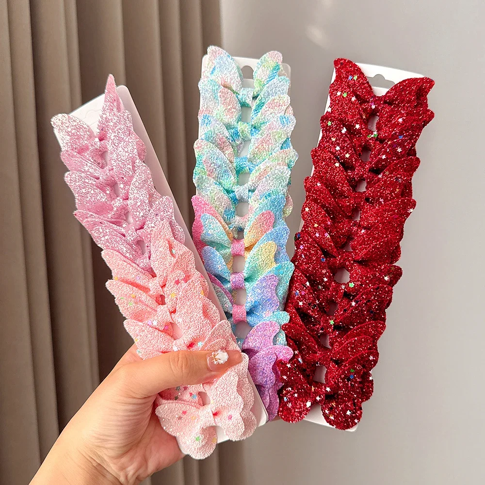 

10Pcs Solid Glitter Butterfly Hair Bows and Hair Clips Baby Girls Leather Kids Hair Acesssories Hairpins Barrettes Headwear Gift