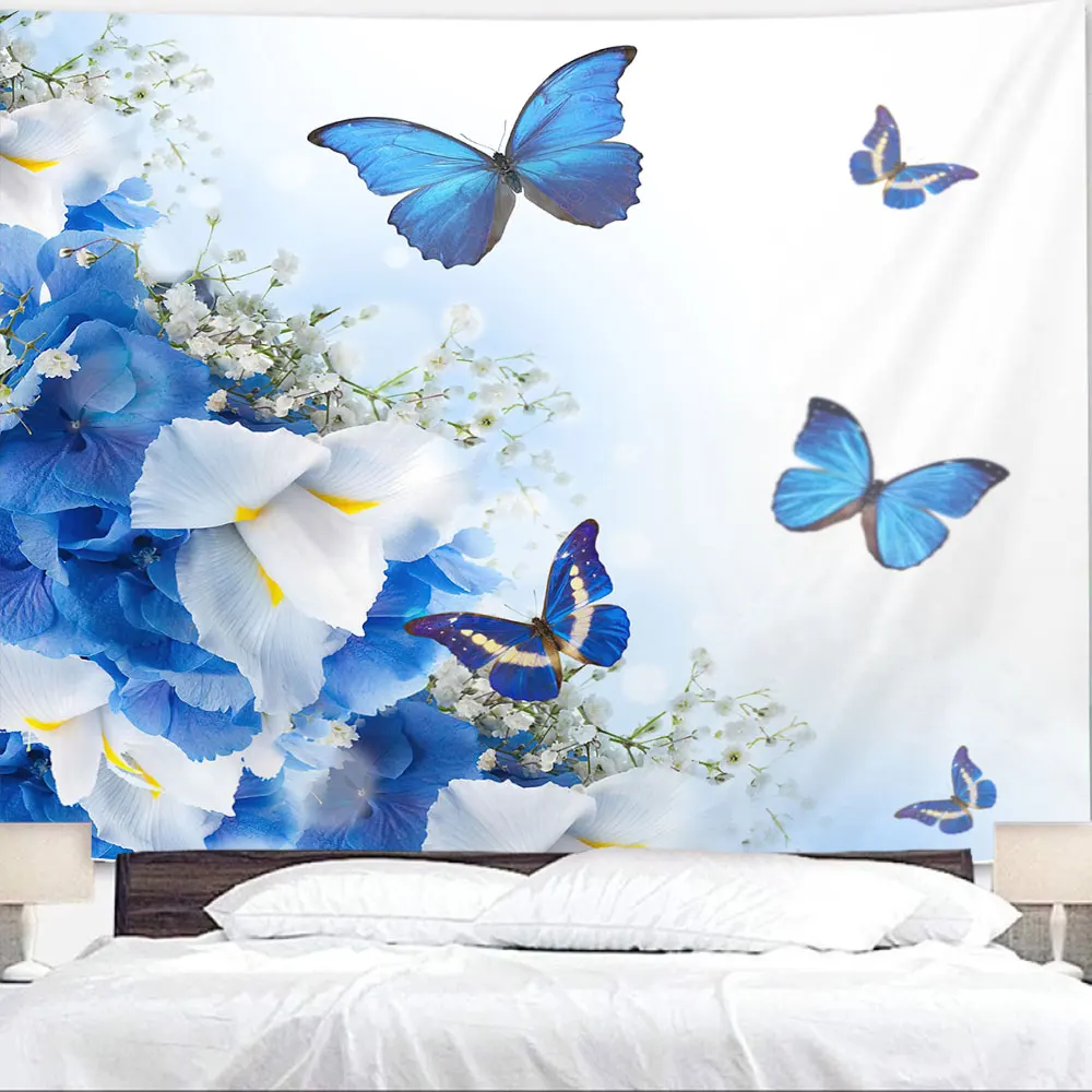 Beautiful Blue Flower Butterfly Mural Tapestry Wall Hanging Living Room Bedroom Wall Decoration Art Home Decor Background