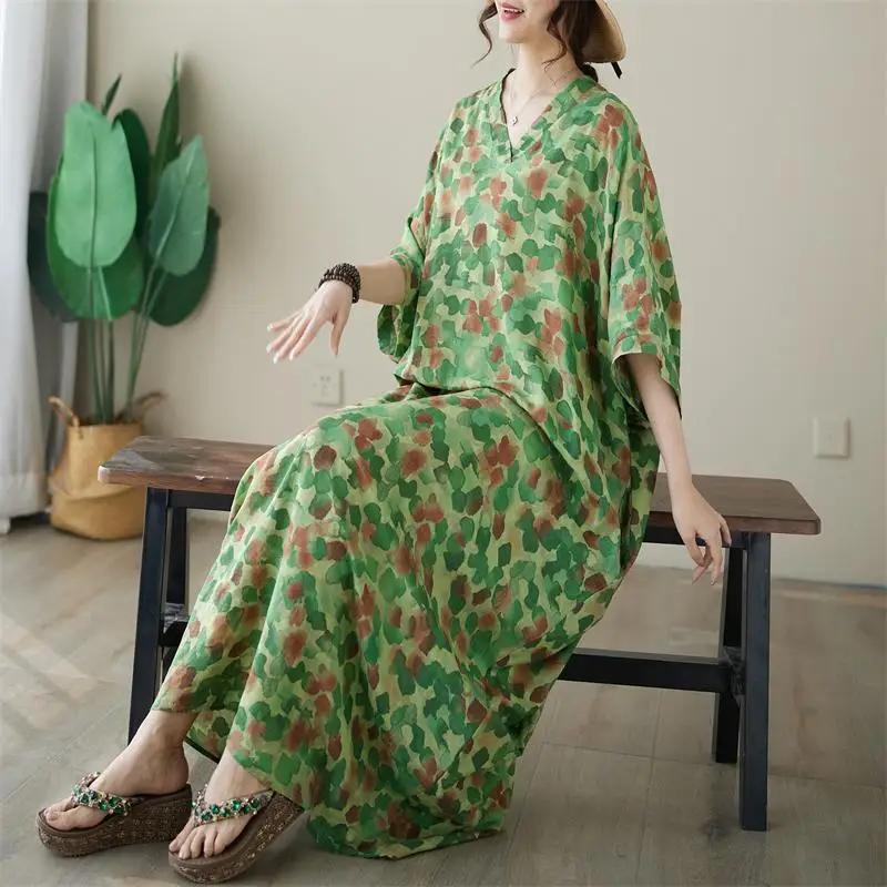 

Dimanaf 2024 Plus Size Dress Women Summer V-Neck Sundress Bohemian Floral Print Loose Big Oversize Maxi Dress 5008