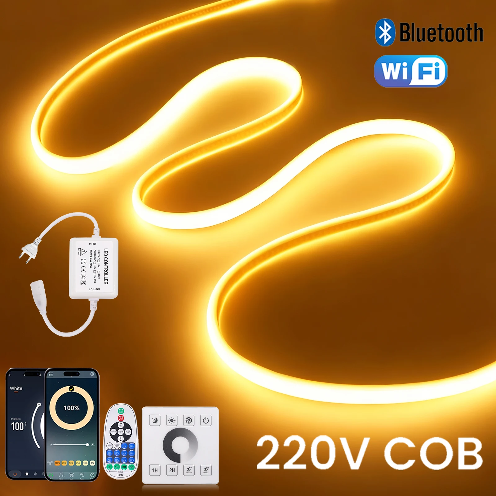 220V WIFI Bluetooth Dimmable LED Neon Strip Light 23key Remote Wall Touch Power Kit Waterproof 288LEDs/M Flex Home Decor Lamp
