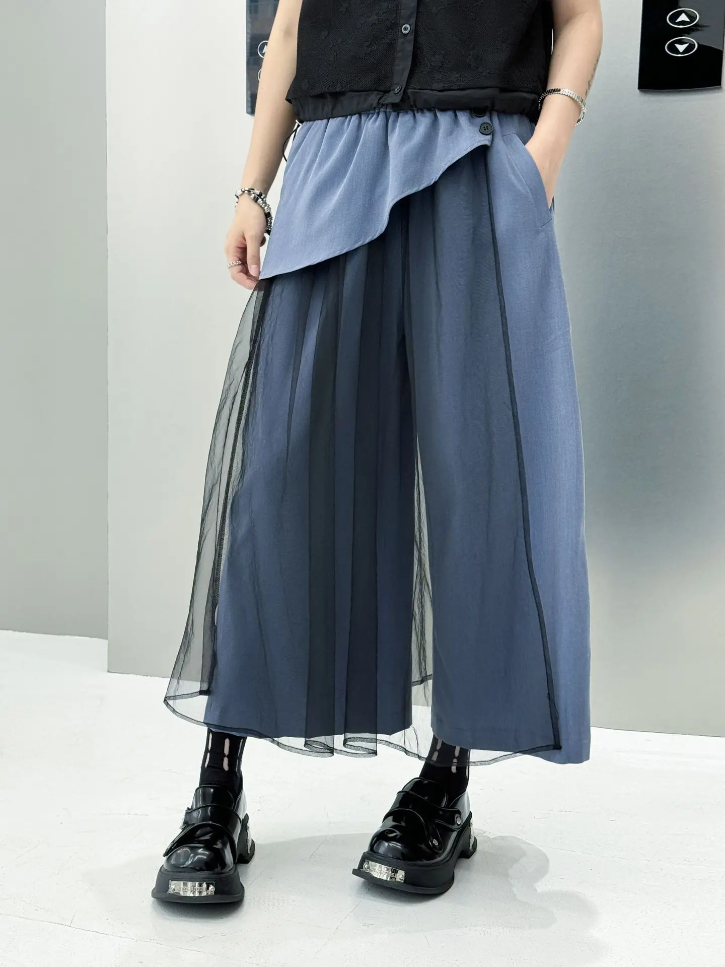 Personality Mesh Patchwork Design High Waist Wide Leg Pants Summer Woman Y2K Clothes Harajuku High Street Pants Pantalones