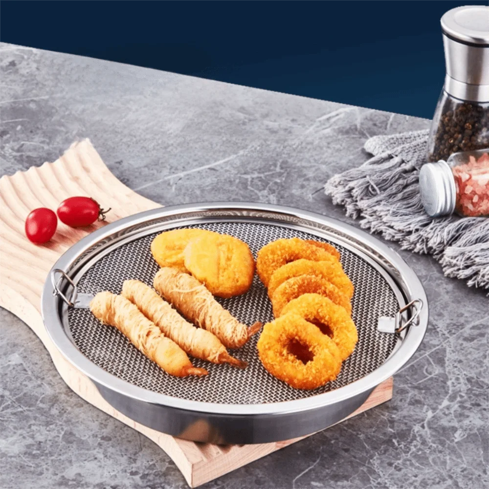 Fine Mesh Stainless Steel Oil Drain Pan Double-ear Handle With Drainer Net Oil Drain Plate Rust Proof Round Fruit Drain Basket