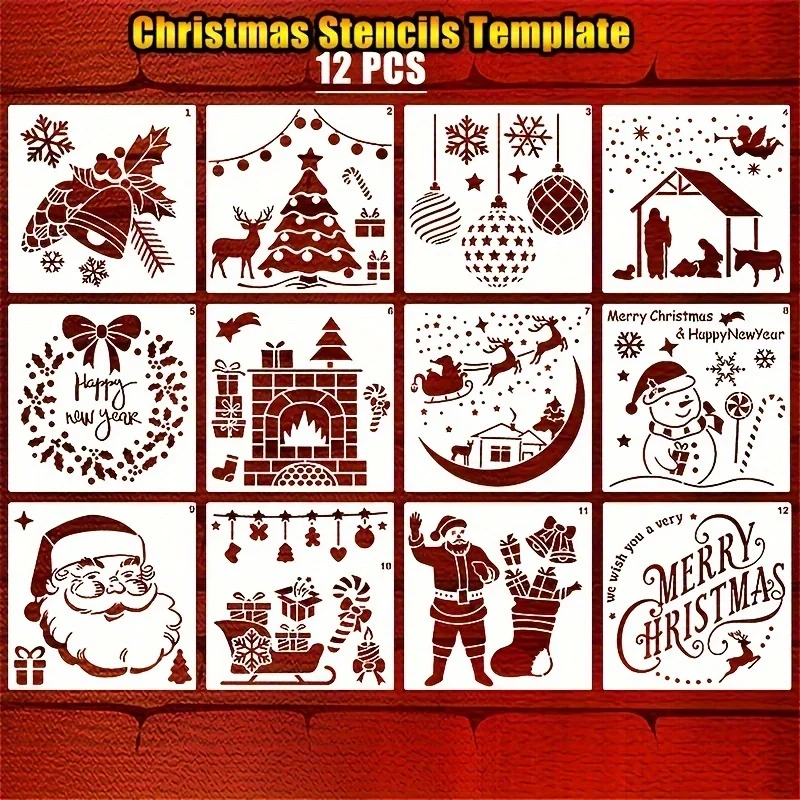 12pcs Vibrant Christmas Series Painting Stencils - Reusable, Washable, PET Material for Watercolor, Stone Painting, Graffiti, an