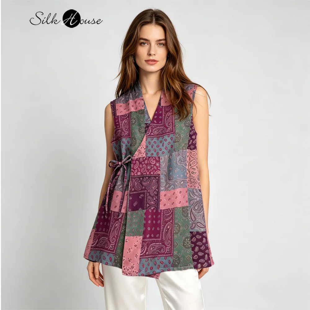 

2026 Women's Casual Summer New 100% Natural Mulberry Silk Gambiered Guangdong Gauze Jacquard Satin Breathable Printed Tank Top