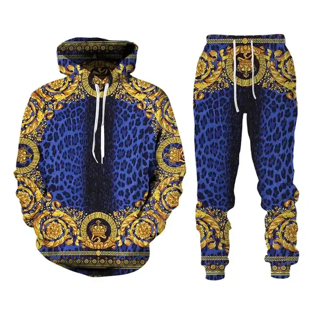 Men\'s Hoodie Set New Style Sweatsuit 3D Printed Crown Golden Chain Hoodie Sweatsuit Casual Men Pullover Oversize Tracksuit Set