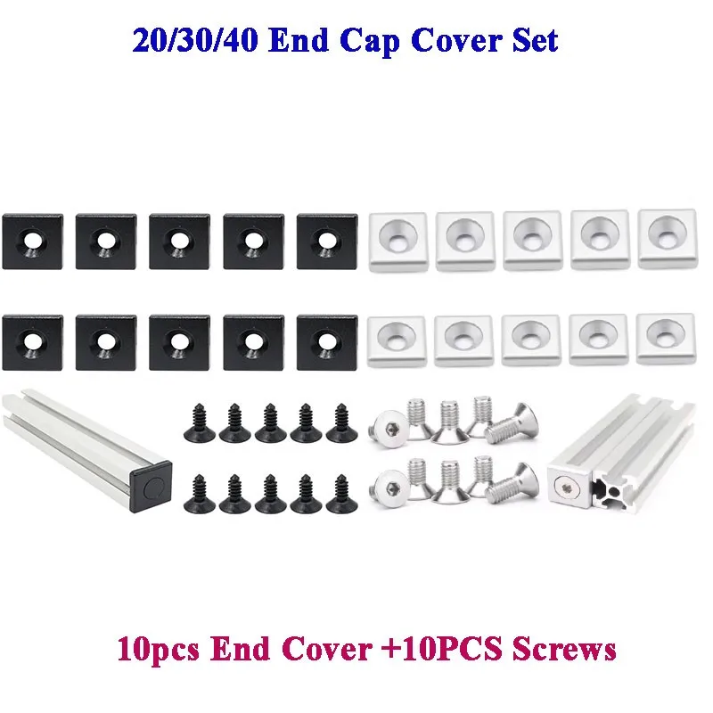 10Pcs 20/30/40 Aluminum Extrusion Profile T V Slot End Cap Bracket End Cap Cover Metal Plug +10PCS M6/M8 Screws for 2020 3030