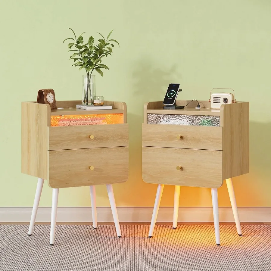 

Pinmoco Set of 2 Tall Nightstand, 2 Drawers LED Bedside Tables with Charging Station and Top Fences, Natual Oak