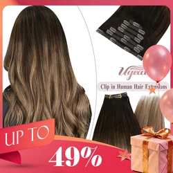 Ugeat Clip In Hair Extensions Human Hair Real Remy Hair Highlight Blonde Color Full Head Balayage Bralizian Hair Extensions 7Pcs
