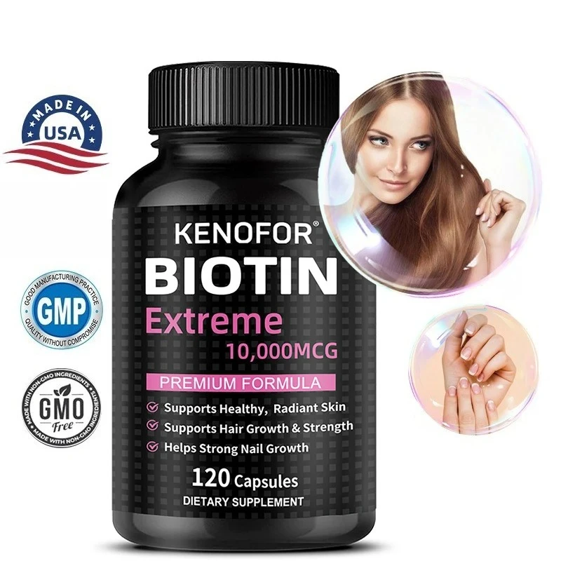 Biotin 10,000MCG Extra Strength 120 Vegetarian Capsules, Biotin Capsules for Healthy Skin, Hair and Nails for Men and Women