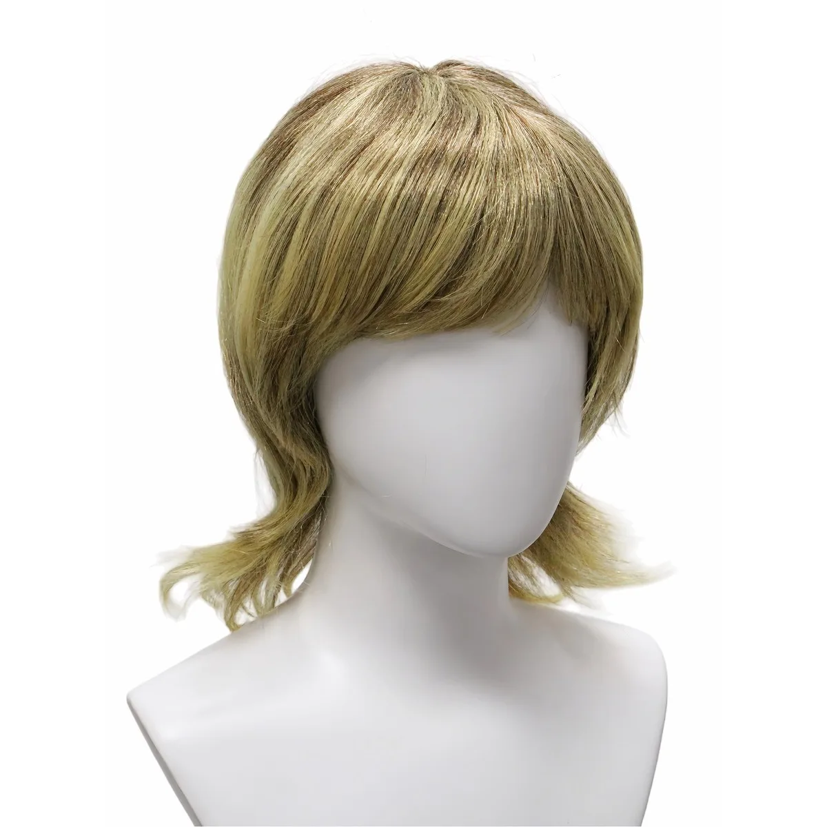 Golden Brown Ombre 12inch Wig with Bangs, Wavy Curls Fluffy Layered Synthetic for Daily Cosplay