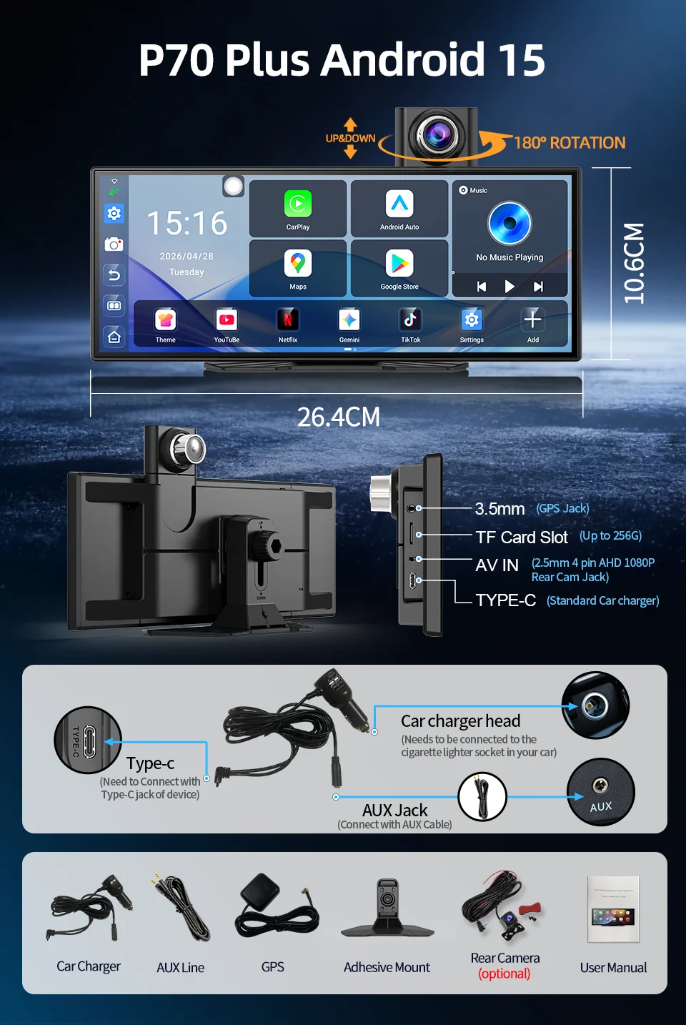 Imagebon P70Plus 11,4 Zoll Android 15 6+128G CarPlay & Android Auto Dashcam Dual WiFi Google Play DVR Smart Split-Screen Dashcam – Detail 17