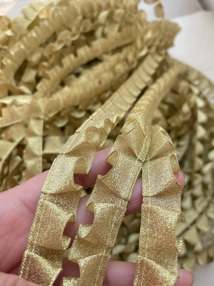 1.5/2CM Wide Golden Pleated Ruffle Lace Ribbon for Fringe Trim Cuffs Party Wedding Dress Applique Crafts Collar Sewing Supplies