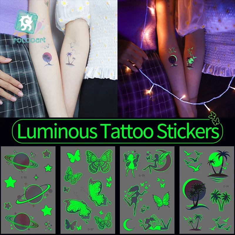 Luminous Tattoo Stickers Women Temporary Butterfly Faery Snowflake Fake Tattoos Glow Paste for Girls Children Body Art