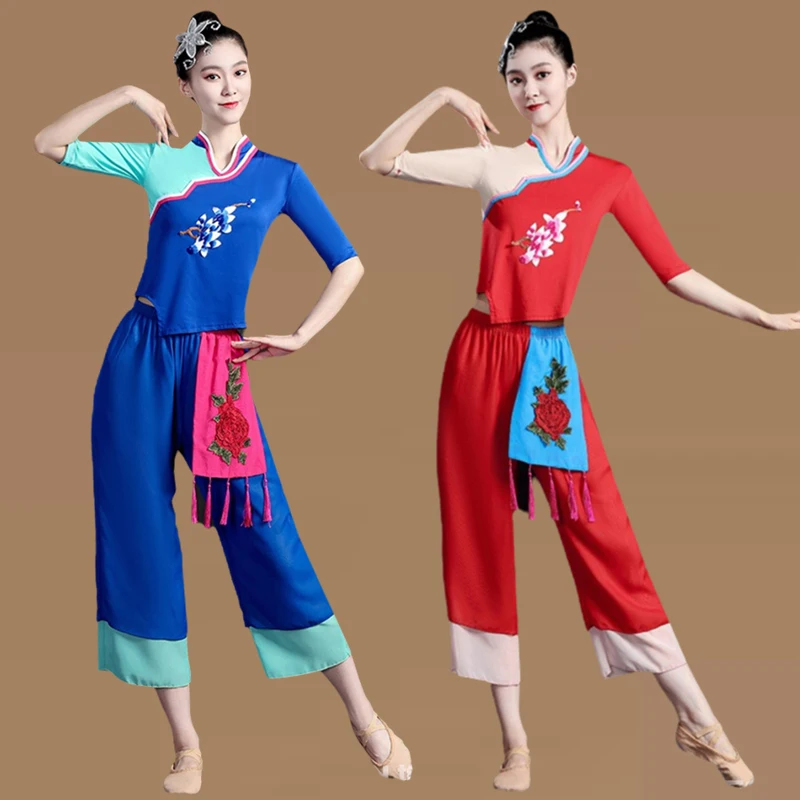 chun-ying-tea-picking-dance-costume-two-piece-set-national-style-group-performance-outfit-drumming-costume-square-dancing