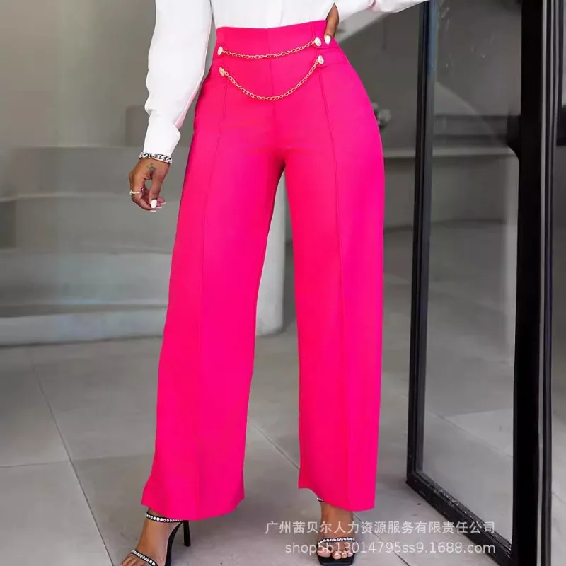 Independent Design New Products 2024 Spring Summer Women's Clothing Solid Color High Waist Chain Ornament Wide Leg Trousers