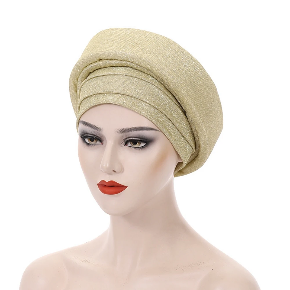 Fashion Yellow African Headtie Turban For Woman Nigerian Gele Already Made Auto Gele Turban Big Flowers Headtie 1Set  DMX27-2