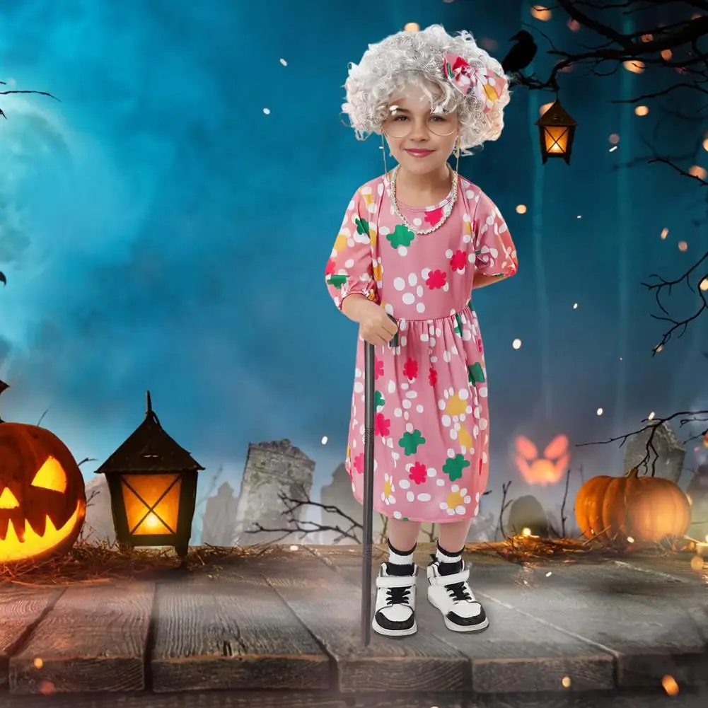 Kinder Cosplay alte Dame Kleid Kinder alte Dame Großmutter Cosplay Kostüm Set mit Perücke Rohr Brille Bogen bunt für Halloween