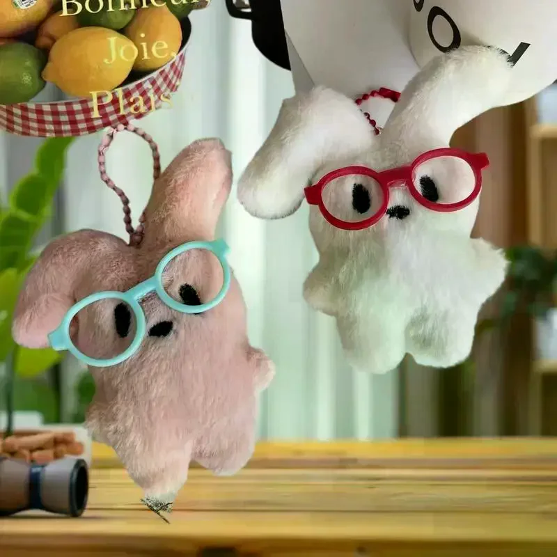 Cute Cartoon Plush Rabbit Red Glasses Key Chains Bag Pendant Decoration Keyring Student Backpack Hanging Couple Gifts