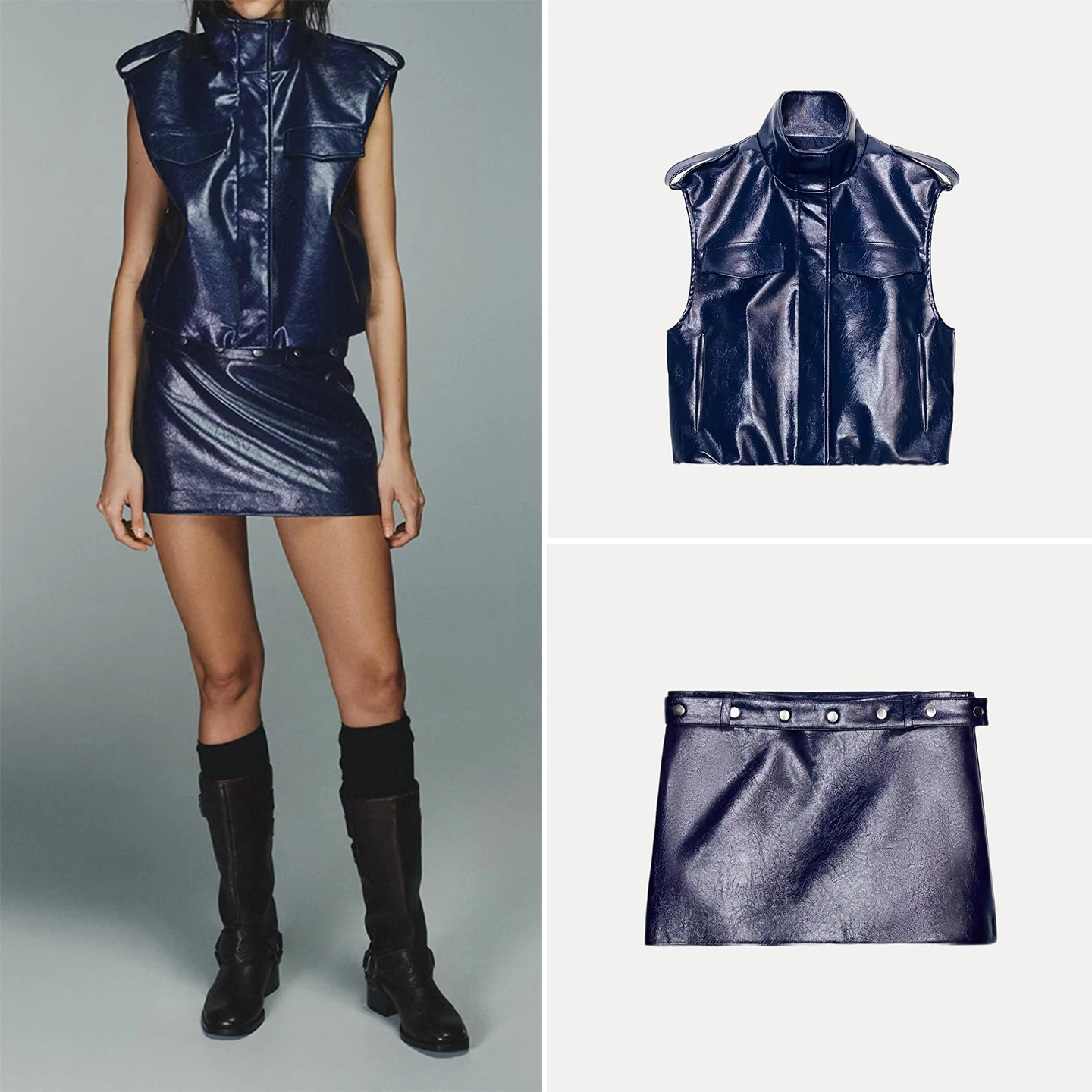 Winter 2025 Women's Fashion Set Metal Decorated Vest And  Skirt High Waist Pure Color Four Seasons No Sleeve Stand Collar