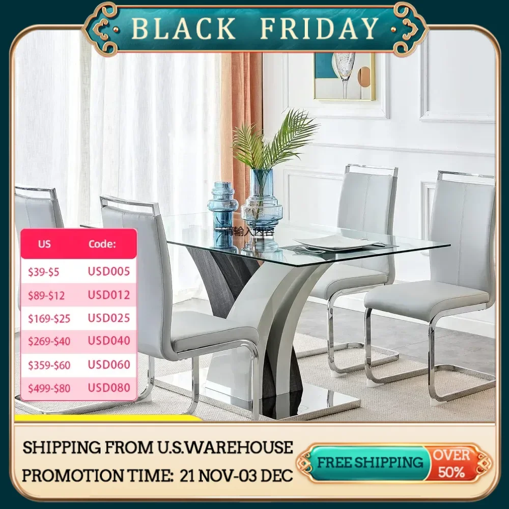 Mesa de comedor de cristal con 4 sillas de cuero, muebles de sala de estar, encimeras de vidrio templado, 63"
