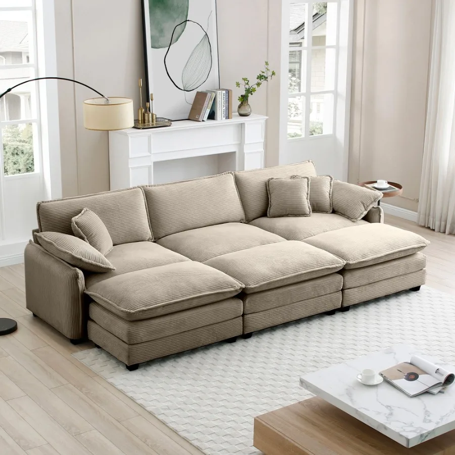 

Oversized modular cushioned sofa with 3 mans to work as sleeper sofa beds 3seater sofa with 3 footstools Tan corduroy fabric