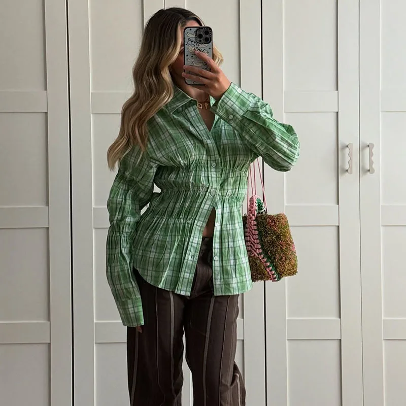 

Новая женская повседневная блузка весна 2026 с длинным рукавом, отложным воротником, плиссировкой и зауженной талией, шикарный уличный топ для женщин