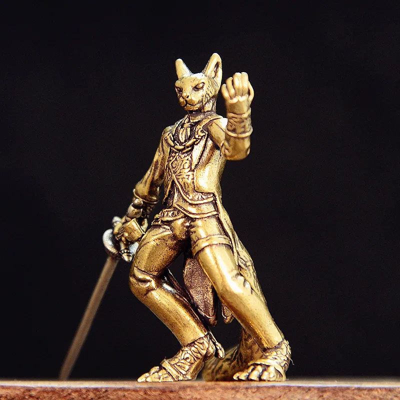 Cat with Sword Figurines Brass Statue Samurai Cat Desktop Tea Pet Ornament Home Decor