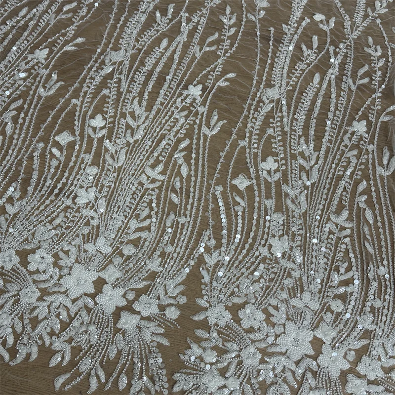 New White Super Luxury Wedding Dress Lace Fabric Heavy Bead Embroidery Mesh Gown Elegant Bridal Dress