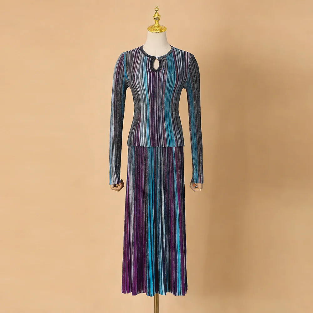 VGH Elegante, stijlvolle gestreepte gebreide tweedelige set voor dames, afslankende truien met lange mouwen, geplooide rok, outfit voor cocktail-evenementen