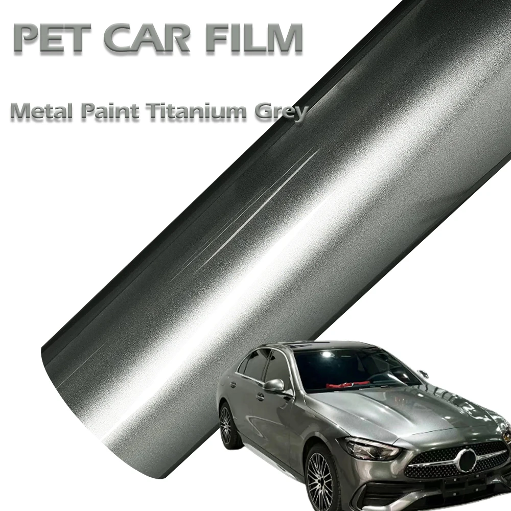 Glossy Car Vinyl Film PET Metal Paint Titanium Grey Auto Wrap Decal Self Adhesive Waterproof Motorcycle Car Body Decoration Film