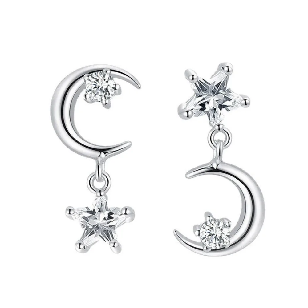 

Korean fashion star moon sweet asymmetric stud earrings women's classic zircon pentagram moon fringed ear ornaments