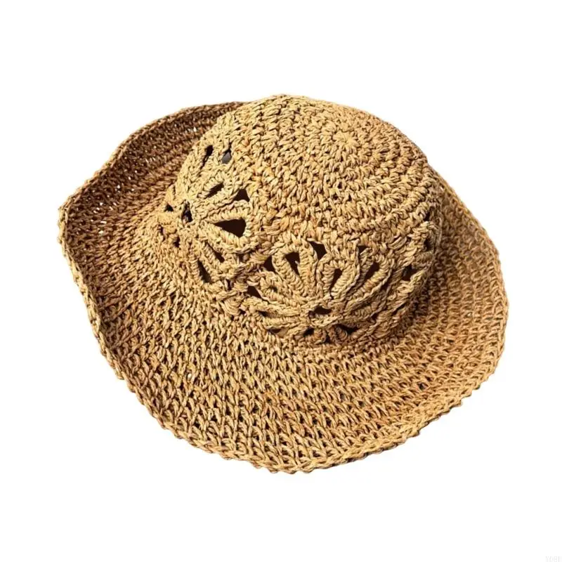 Stroh-Sonnenhut, breiter Rand, durchbrochener Sommerhut für den Urlaub, 56–58 strukturierter Strand-Accessoire-Look, bereit – Detail 3