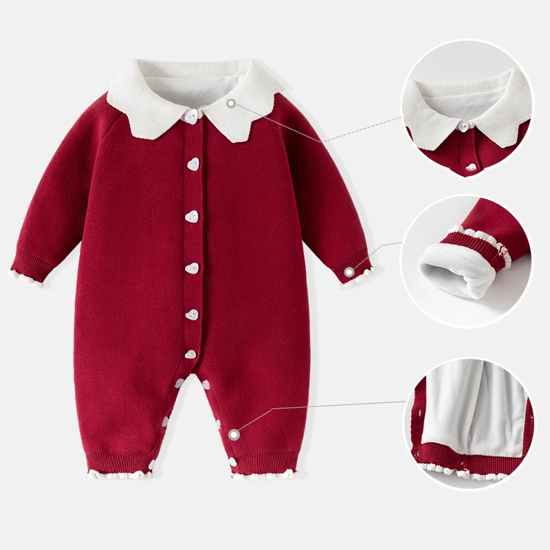 

Осенне-зимние комбинезоны для новорожденных девочек, вязаные утепленные комбинезоны с воротником «Питер Пэн» для маленьких мальчиков, лоскутные детские боди для девочек