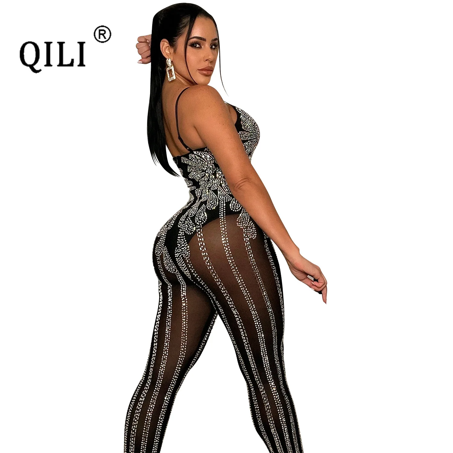 QILI-Monos de tirantes transparentes sexis para mujer, diamantes ajustados, longitud completa, mamelucos de fiesta de club, negro, caqui