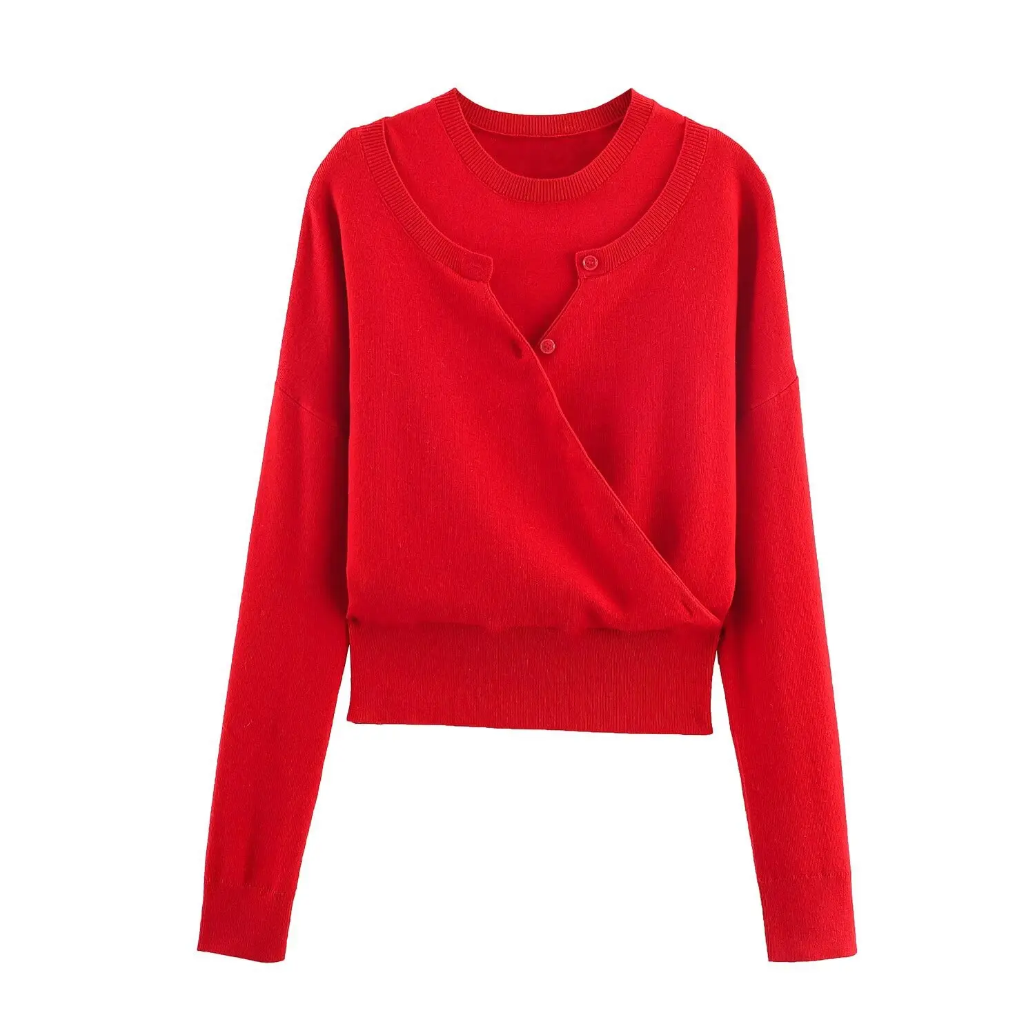 

Woman's Knit Sweater Round Neck Splicing Fake Two-piece SliSolid Color Long-sleeved Knitted Pullover Commuting All-match Sweater