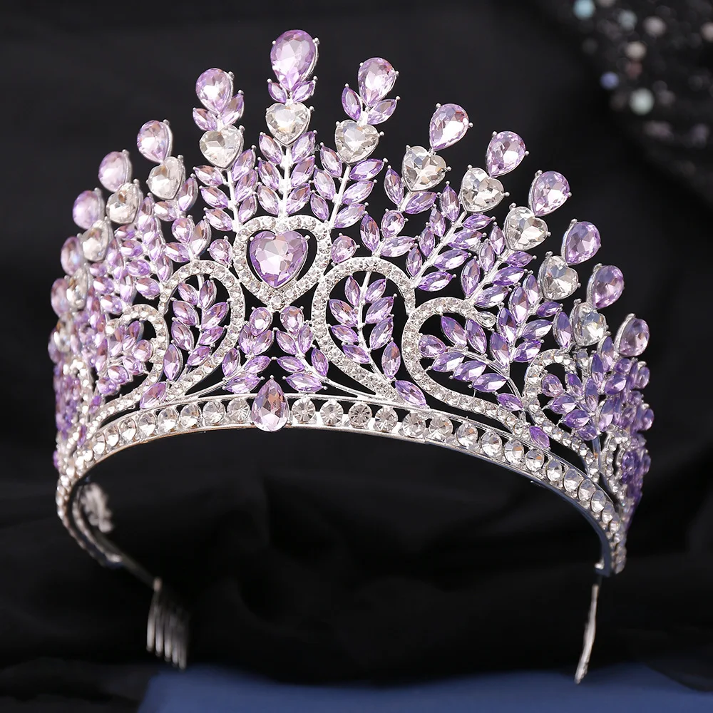 Luxury High Royal Queen AB Color Wedding Crowns Comb Women Purple Crystal Banquet Tiaras Party Costume Hair Jewelry Accessories