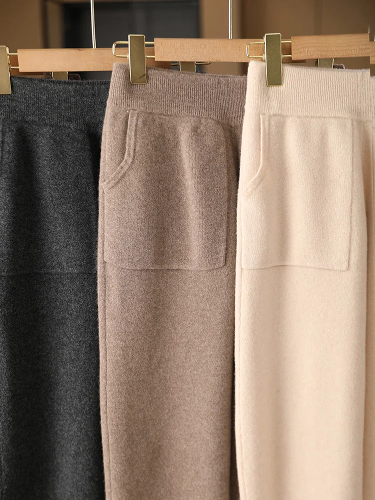New Classy Autumn Winter Soft Thick Warm Wool Women Pencil Pants Woman 100% Merino Wool Trousers Elastic Waist Knited Wool Pants