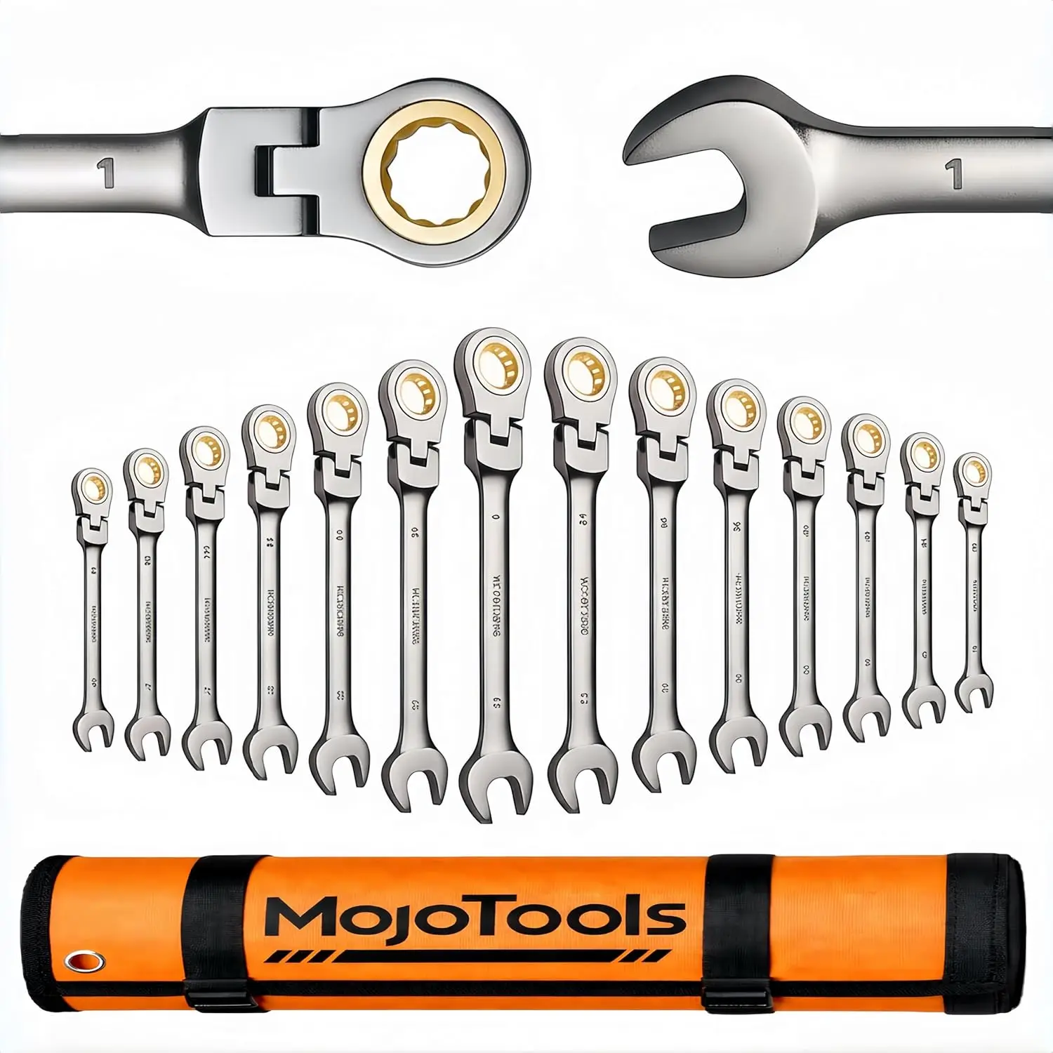 

Набор из 15 гаечных ключей SAE с трещоткой (1/4''-1'') с гибкой головкой на 72 зубца, сверхпрочные инструменты из Cr-V в рулонном органайзере