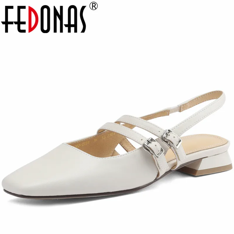 FEDONAS Basic Low Heels Women Sandals Square Toe Buckle Strap Slingback Pumps Mature Genuine Leather Office Working Shoes Woman