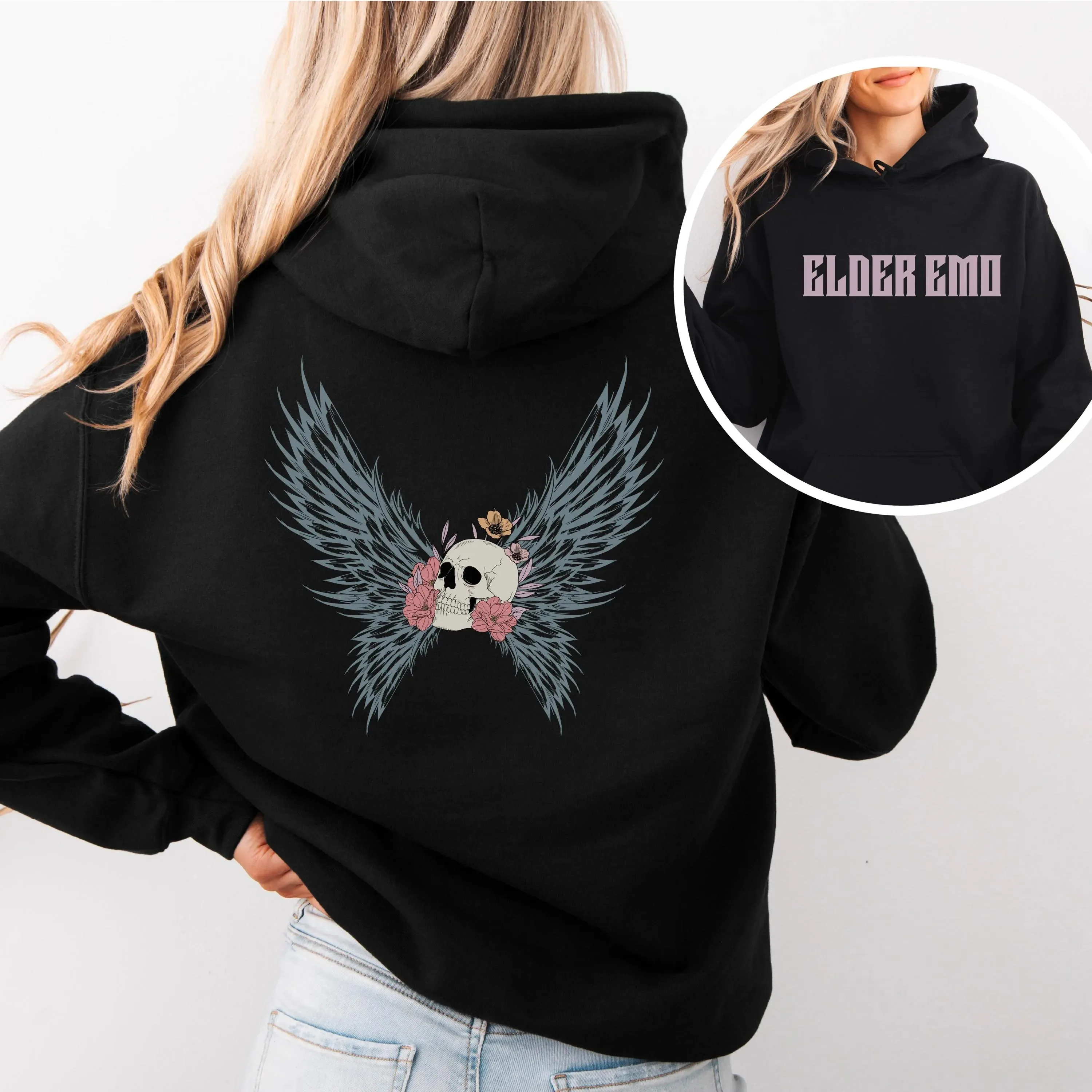 

Autumn Winter Durable Cotton Hoodie Boasting Intricate "Elder Emo" Themed Skull Wings Floral Artwork Tailored for Fashion